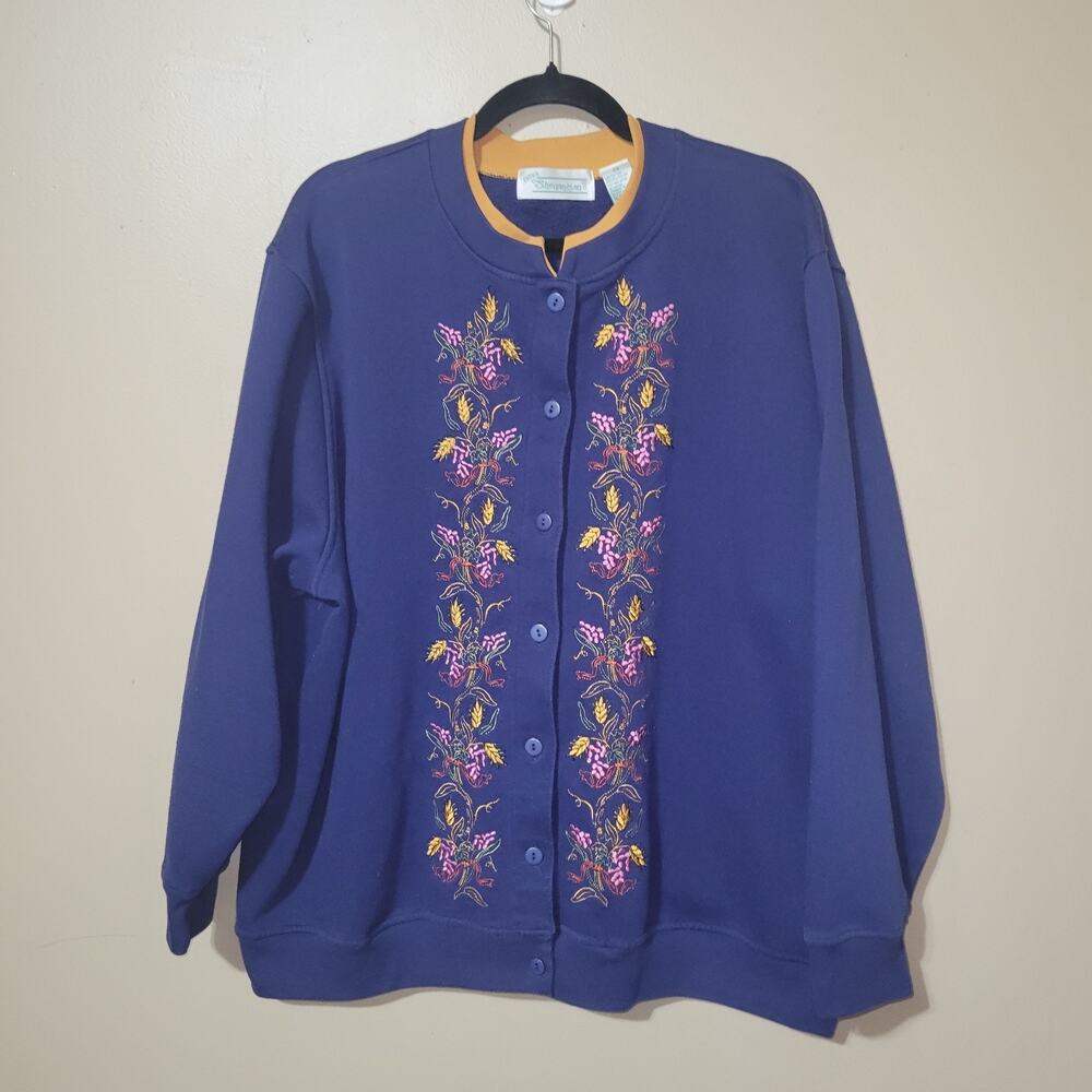 Shenanigans Womens Embroidered Flower‎ Blue Cardigan  Button  Up